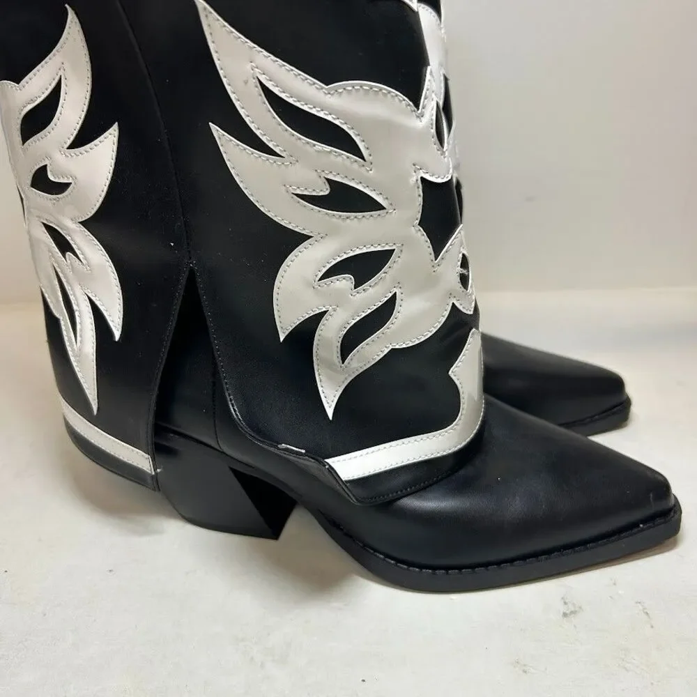 INC Womens 7.5 M Black White Smooth Jadiza Western High Heel Boots DISPLAY QJ9